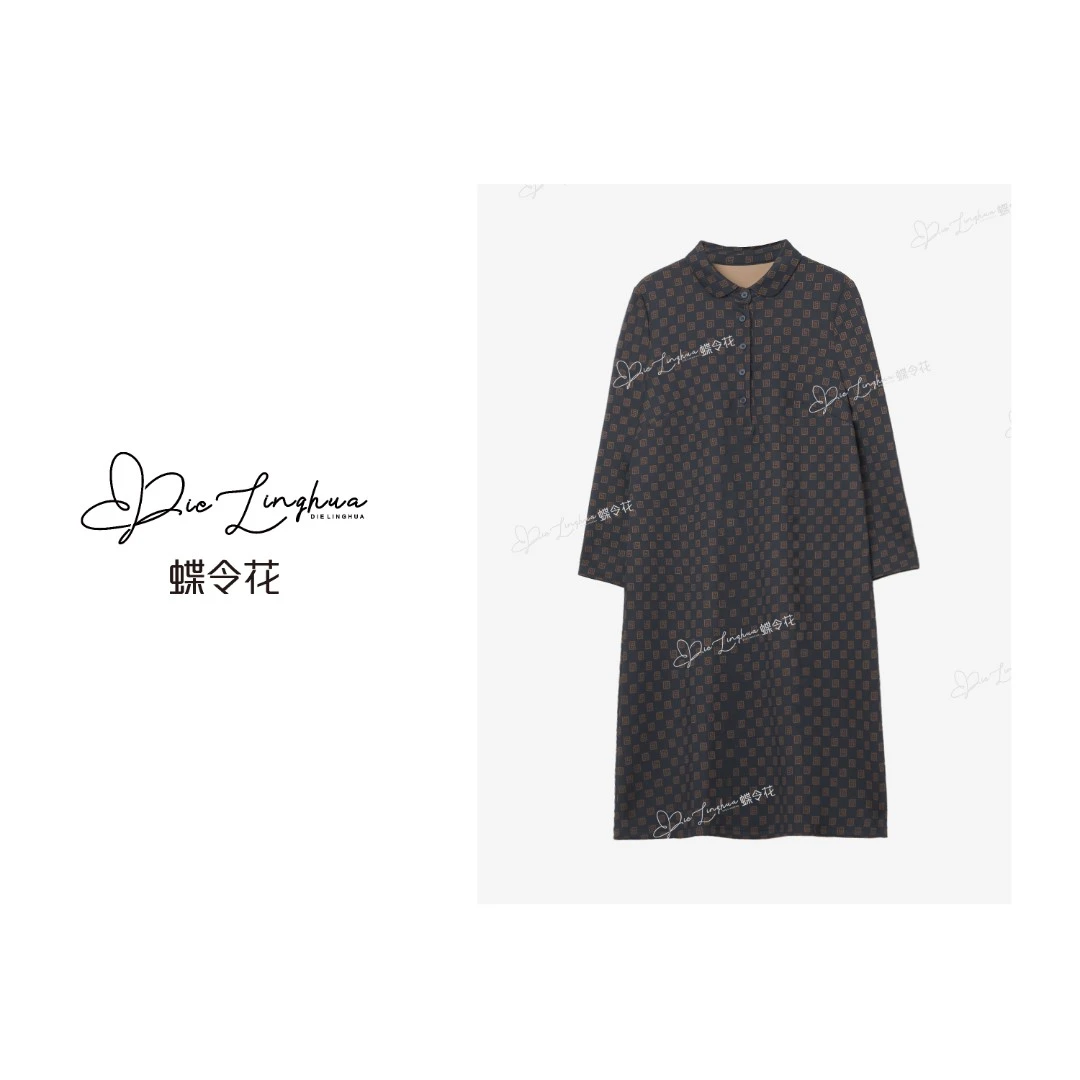 蝶令花秋季复古时尚气质休闲字母提花女士长款长袖连衣裙23123