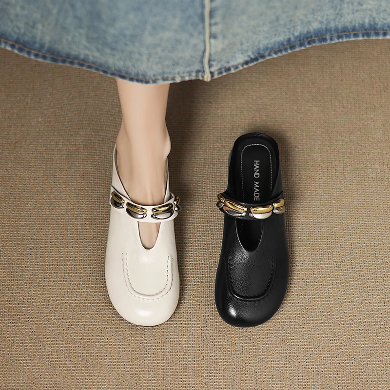 2025夏季新款百搭圆头粗跟低跟真皮软底包头半拖鞋女