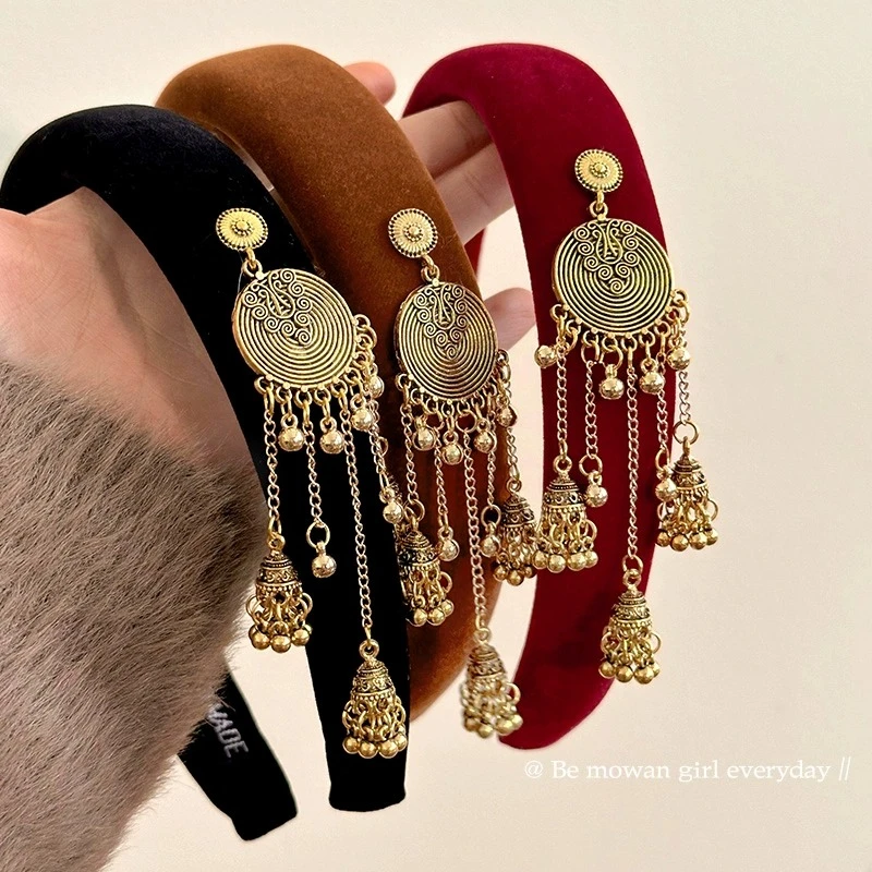 新年丝绒摇铃流苏发箍女新中式苗疆民族风高颅顶发卡秋冬头箍发饰