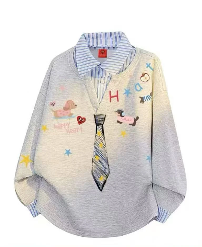 涂鸦长袖秋季女假两件落肩袖卫衣套头休闲卡通印花