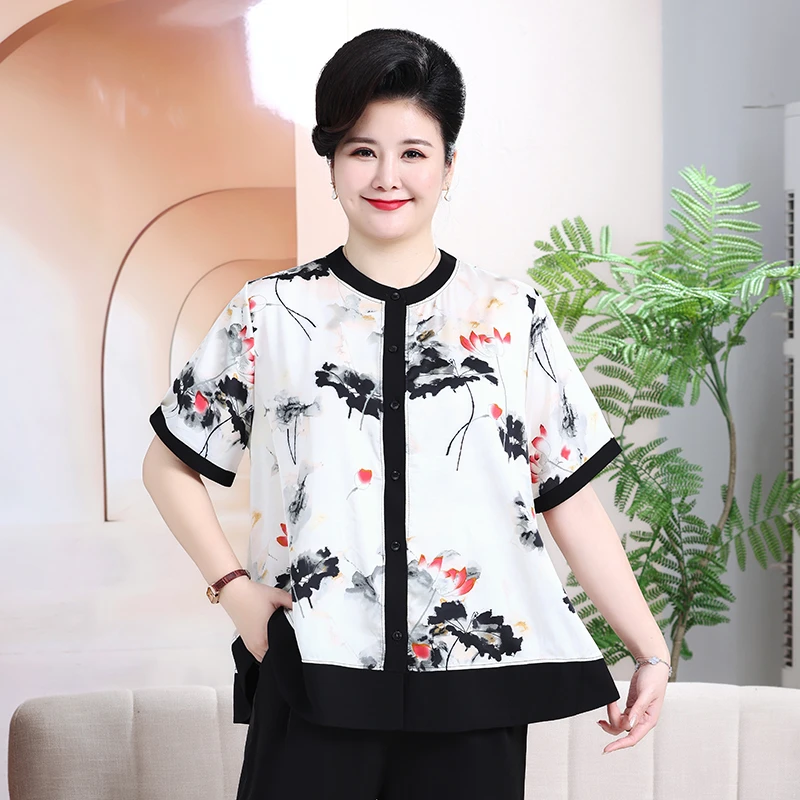 240斤大码妈妈装加肥加大夏装外套开衫中老年印花时尚夏季套装t恤
