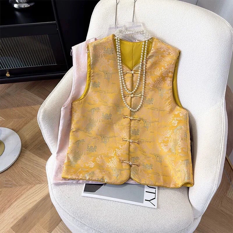 新中式中国风提花马甲复古刺绣宽松拼接女装马夹时尚气质