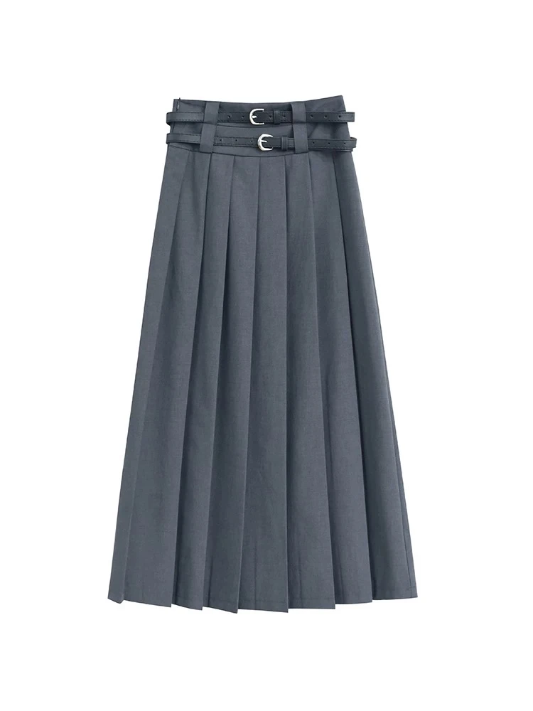 （清货）双腰带半裙高腰显瘦西装百褶半身长裙Y7036