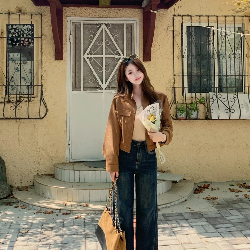 佐佐家小个子高腰复古水洗街头显瘦阔腿牛仔裤春秋季女直筒长裤子