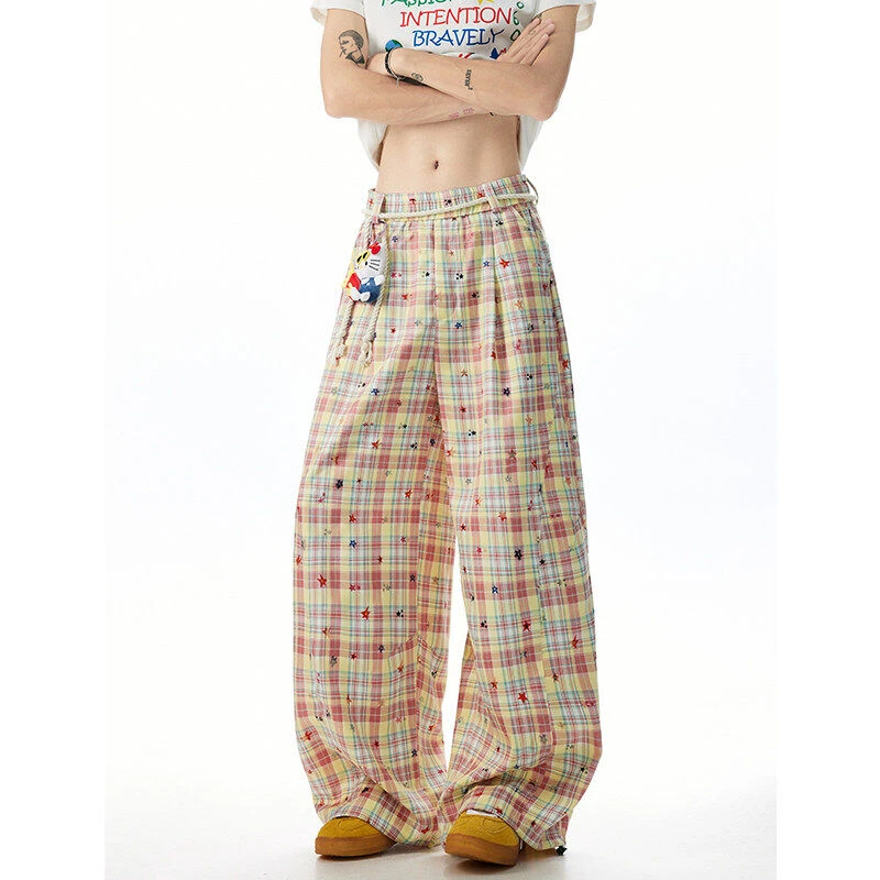 休闲裤男士星星格纹宽松夏季外穿男女阔腿弯刀裤潮流薄款拖地长裤