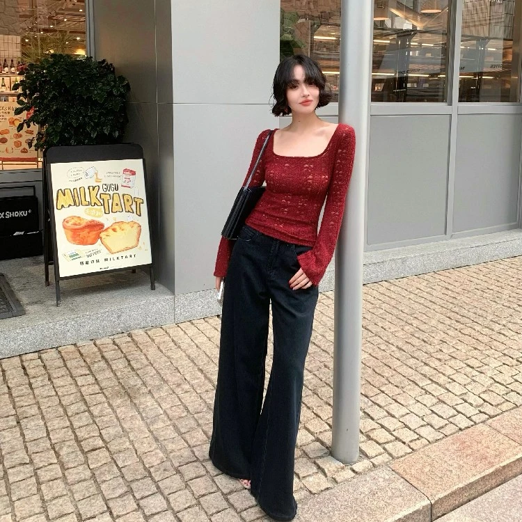 酒午自制 港风复古春季高腰显瘦宽松牛仔裤KLF4041