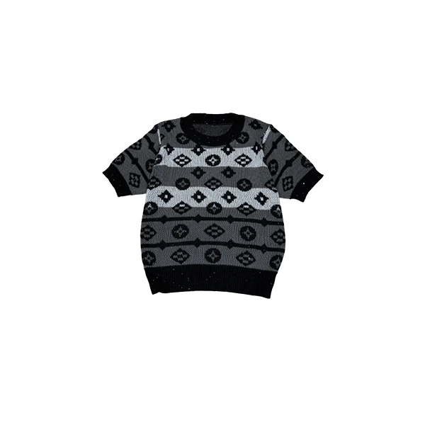 圆领毛针织衫复古毛衣提花黑白休闲百搭短袖 899