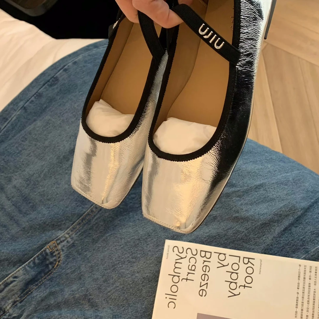 法式方头一字带百搭芭蕾风玛丽珍鞋女春真皮平底银色单鞋