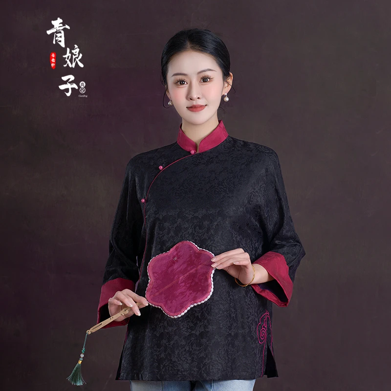 青娘子香云纱（寒云）重缎提花拼接新中式套头上衣50305