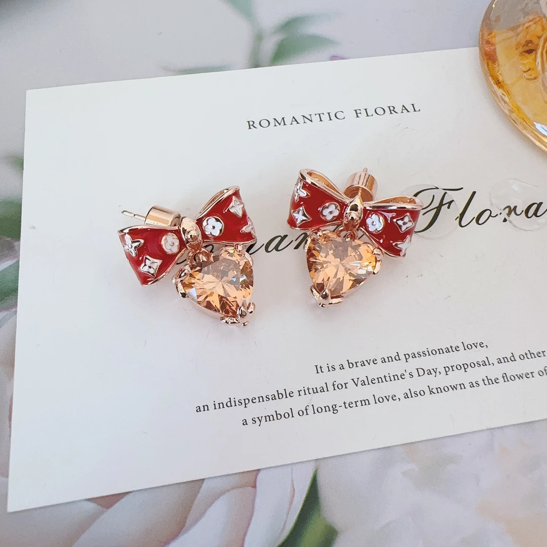 铜合金锆石耳饰 8028 红色滴油蝴蝶结耳钉