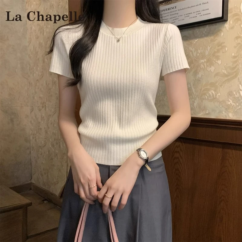 拉夏贝尔圆领短袖T恤女春夏新款杏色韩版修身正肩针织衫打底上衣