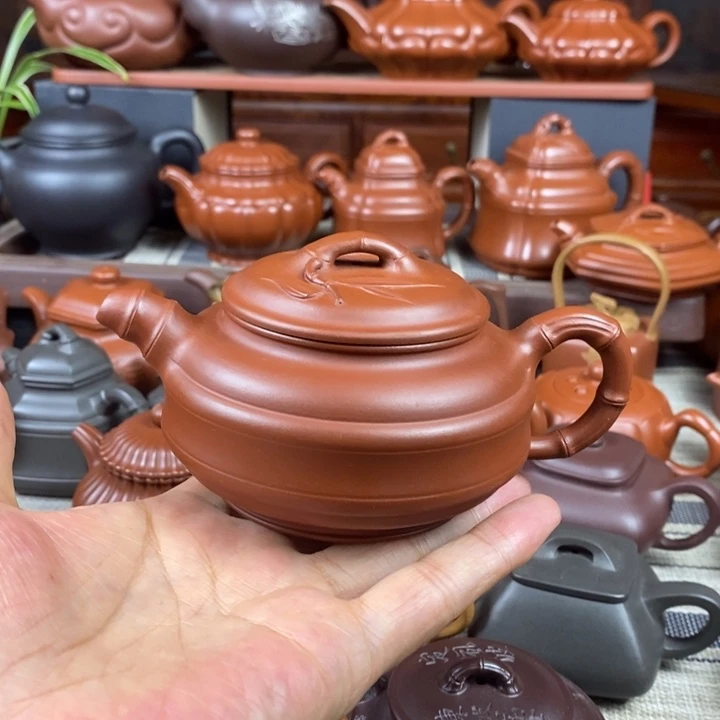 紫砂茶壶双线竹鼓260cc原矿红皮龙紫砂特价