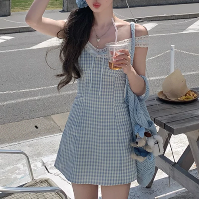 百感感辰邦斯春夏甜妹蕾丝吊带格纹裙时髦田园风韩系高腰字裙2025