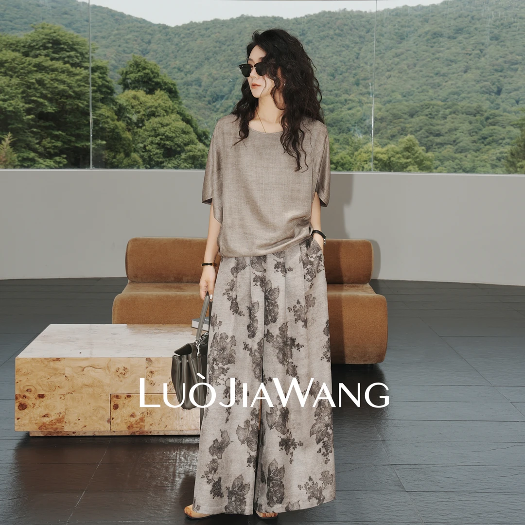 100%桑蚕丝中式复古花纹印花设计款百搭休闲阔腿裤LUOJIAWANG