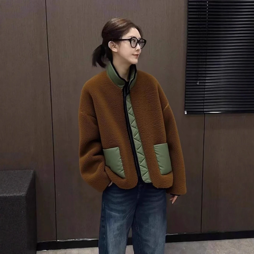 冬季欧货爆款简约复古高级感又酷又飒百搭通勤风咖色摇粒绒外套女