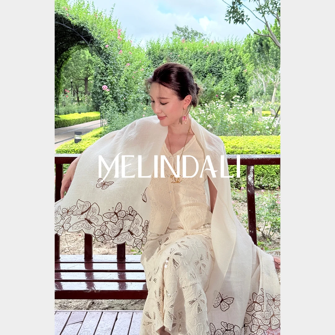 Melinda Li重磅100山羊绒“软黄金”双面蝴蝶刺绣气质百搭围巾披