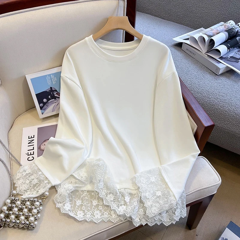 【现货-原版】白色长袖t恤女蕾丝秋冬加绒中长款内搭打底衫外穿上衣