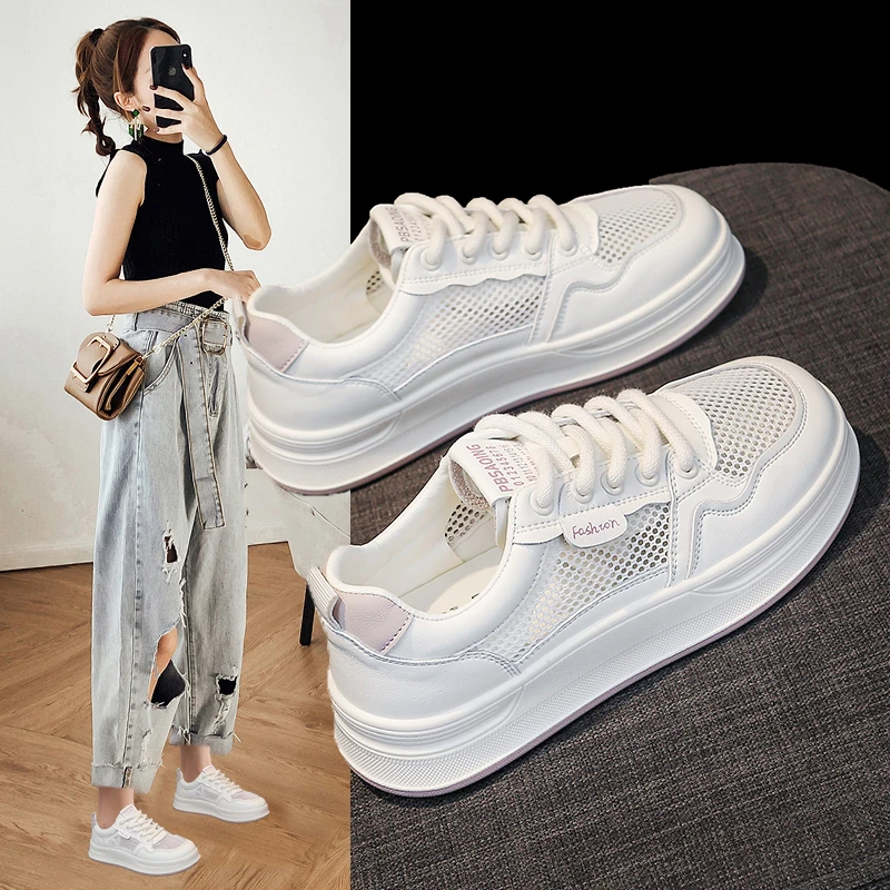 小白鞋女2025夏季新款爆款网面透网厚底软底百搭休闲鞋板鞋学生款
