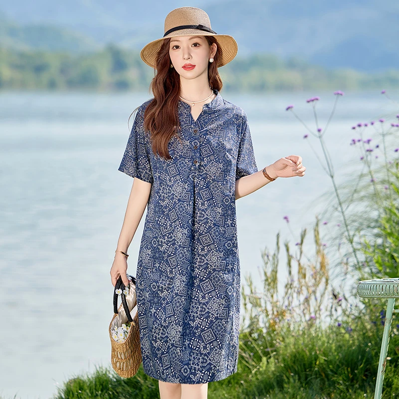 大码衬衫复古连衣裙女2025夏新款减龄宽松微胖穿搭中长款休闲裙子