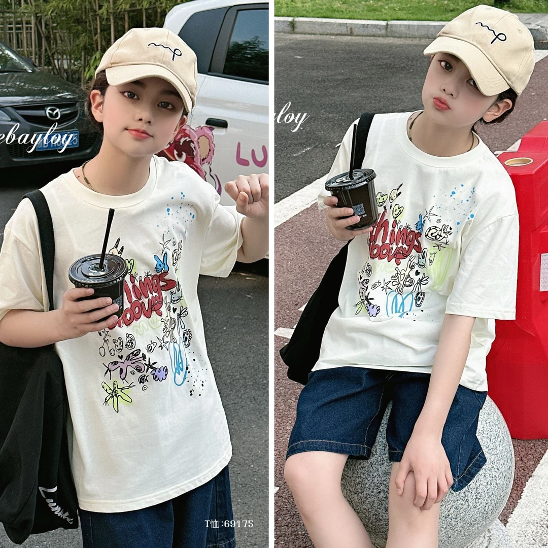 乔贝乐手绘涂鸦女童夏装短袖T恤69175儿童米色宽松上衣百搭大童潮