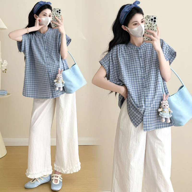 网红女装2025夏季新款洋气显瘦宽松衬衫百搭冰丝花边九分裤子套装