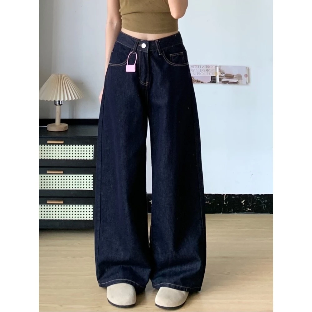 美式复古蓝原色阔腿牛仔裤女2025夏季新款高腰宽松显瘦遮跨直筒裤