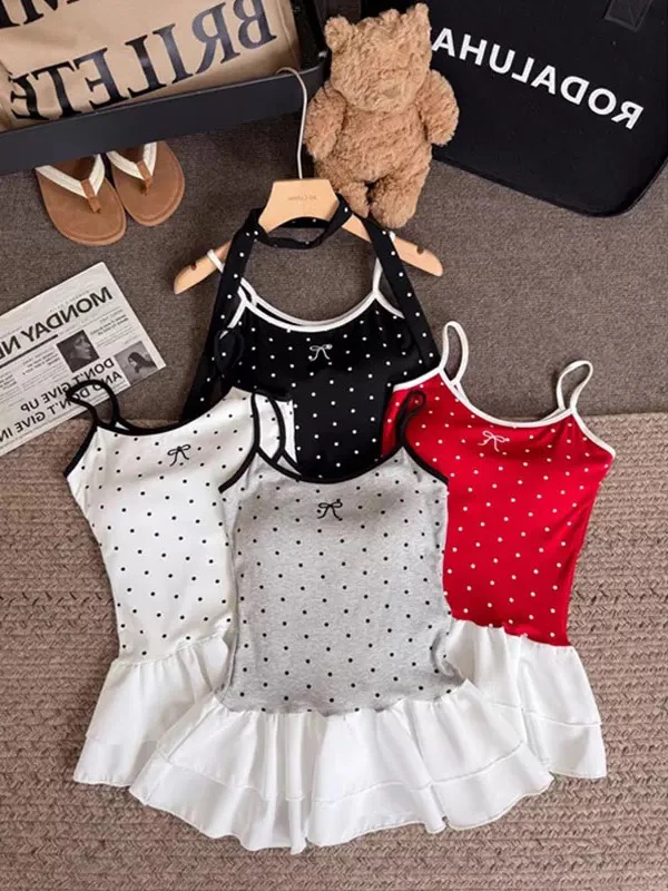 波点拼接荷叶边吊带背心女装夏季显瘦百搭上衣