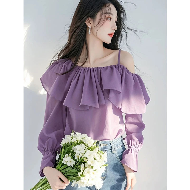 今年流行漂亮独特绝美小上衣时髦小姨风穿搭紫色荷叶边露肩衬衫女
