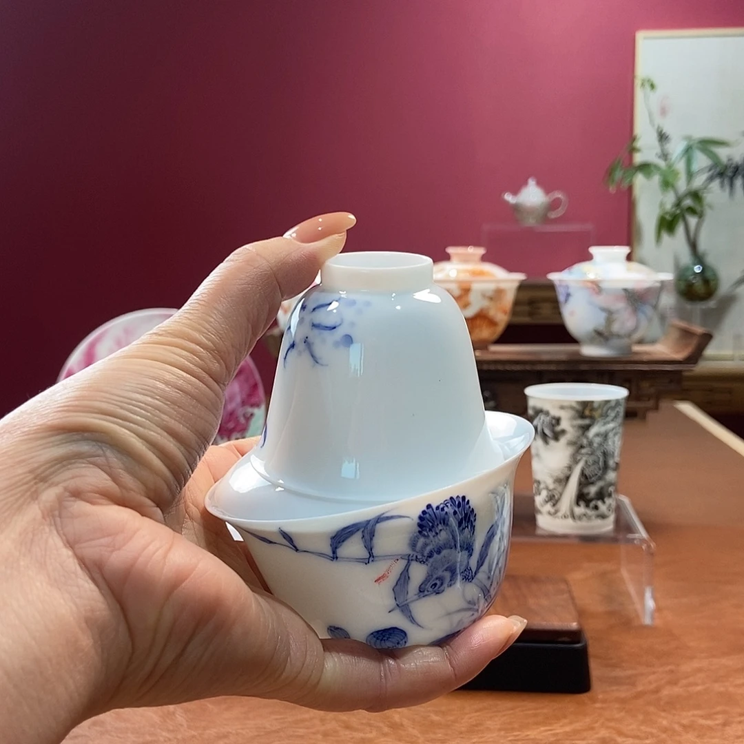心***切山月闲超薄胎脱胎瓷高温手工微瑕单翠盖碗加主人杯