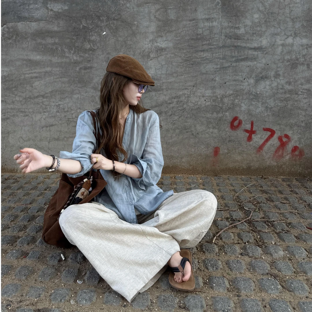 慵懒松弛感套装气质薄款防晒衬衫女夏季上衣百搭高腰显瘦阔腿裤子