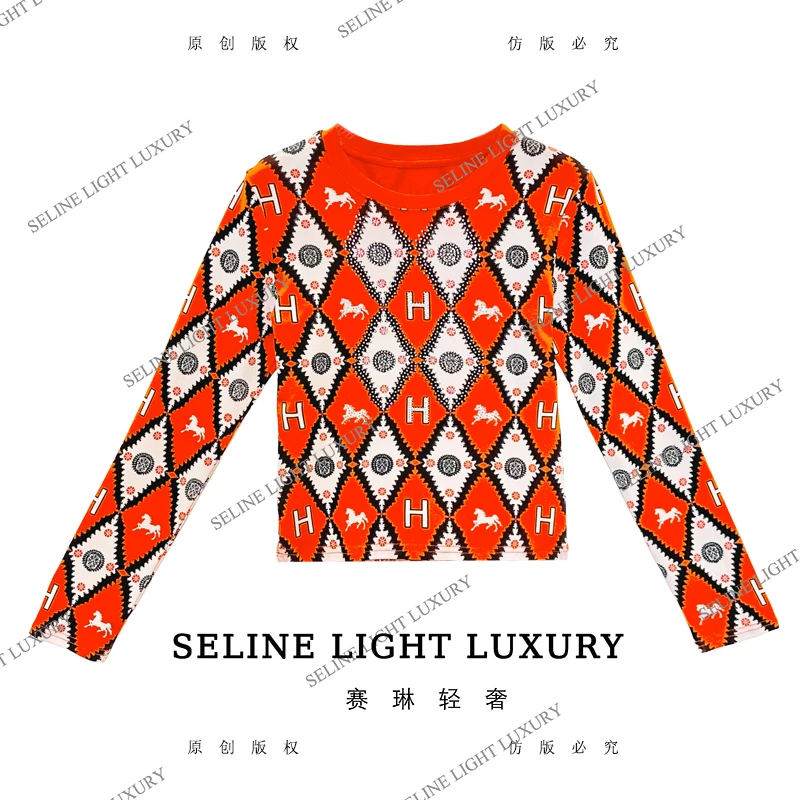 【25Q-675】 2025 SELINE新款橙色菱形格小马时尚轻奢气质长袖T恤