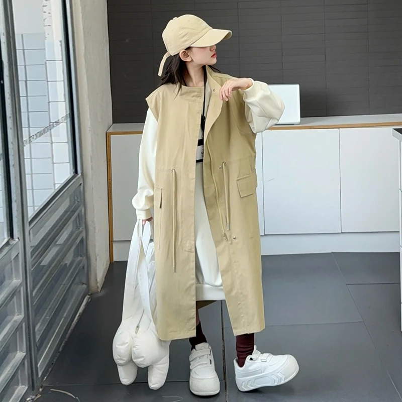 女童秋装套装风衣长款2025新款时髦英伦范外套中大童卫衣裙两件套