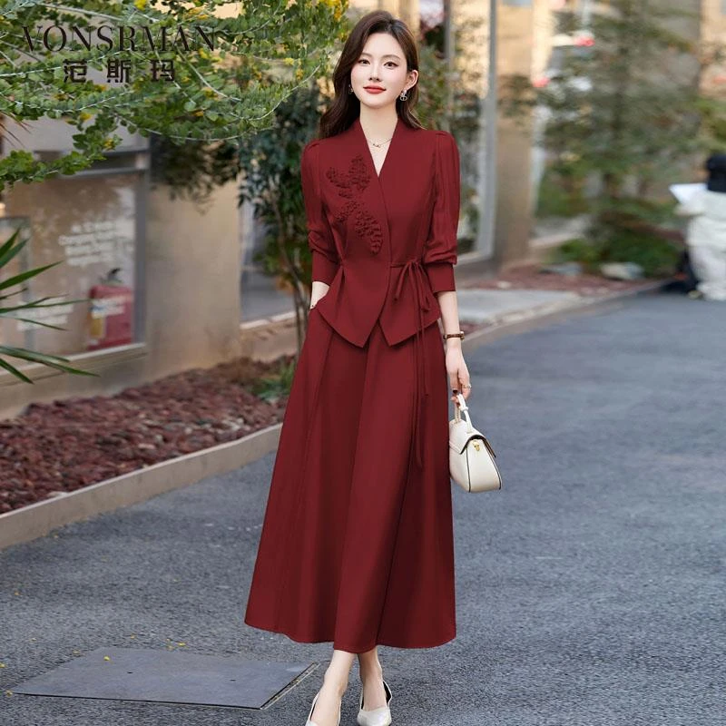红色优雅气质套装裙女2025夏季新款别致漂亮收腰衬衫半身裙两件套