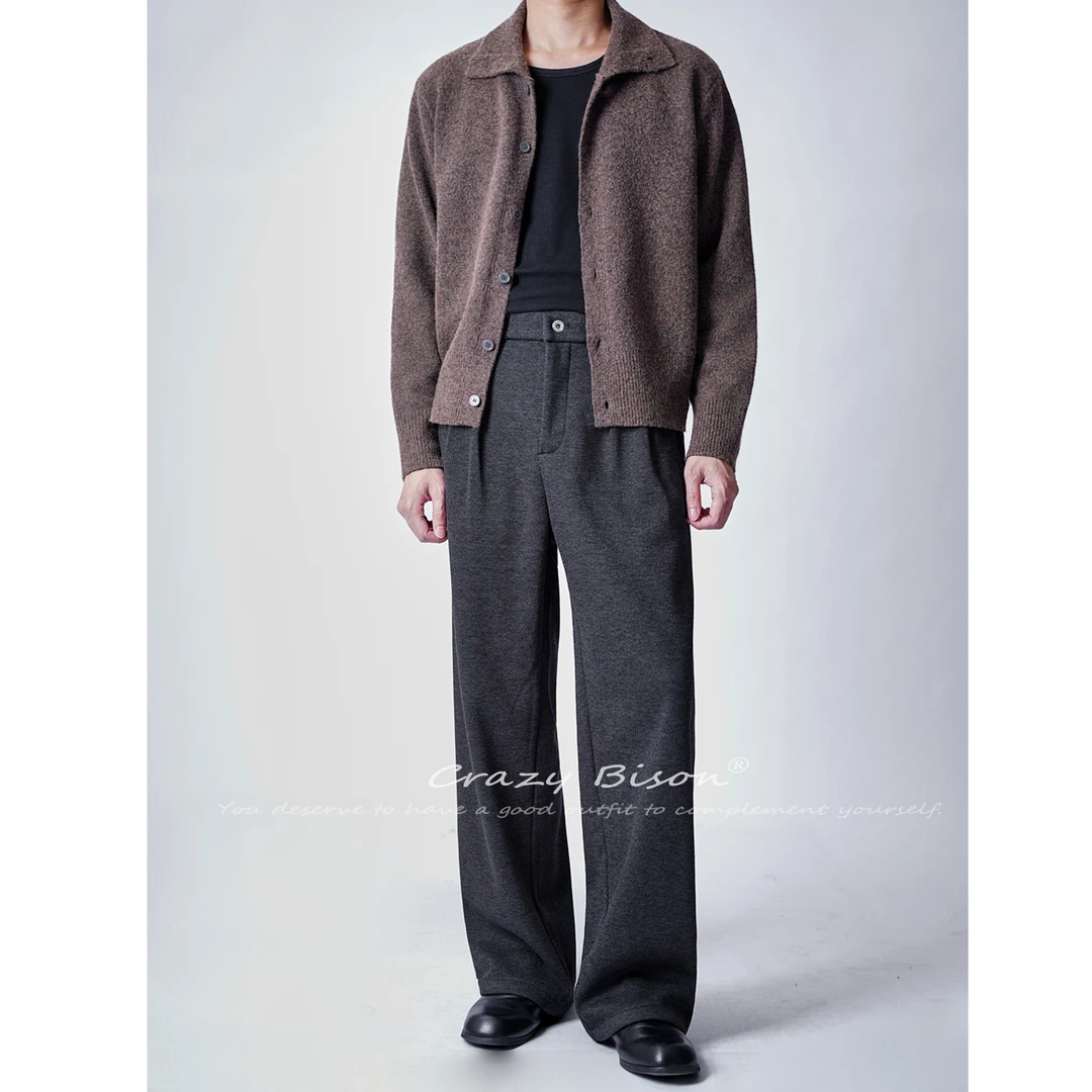 Crazy Bison『冬季羊毛醋酸混纺加绒』宽松直筒西裤休闲简约长裤男