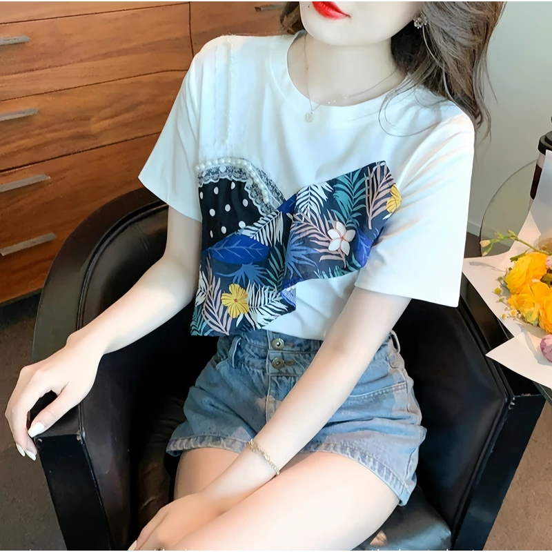 新款波点设计感印花潮含棉短袖T恤女韩版宽松拼接心机假两件上衣