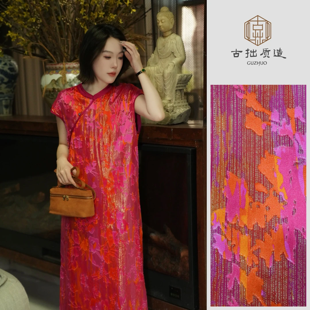 鎏金玫瑰！桑蚕丝织金烧花丝绒新中式连衣裙！GZ6083