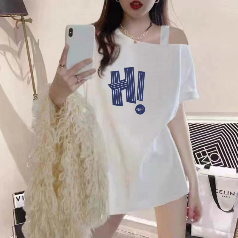 纯棉斜肩短袖t恤女夏季新款2025年设计感百搭显瘦遮肉上衣女ins潮