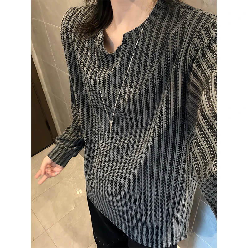 小香风千鸟格v领长袖t恤男款秋季cleanfit条纹打底衫情侣美式卫衣
