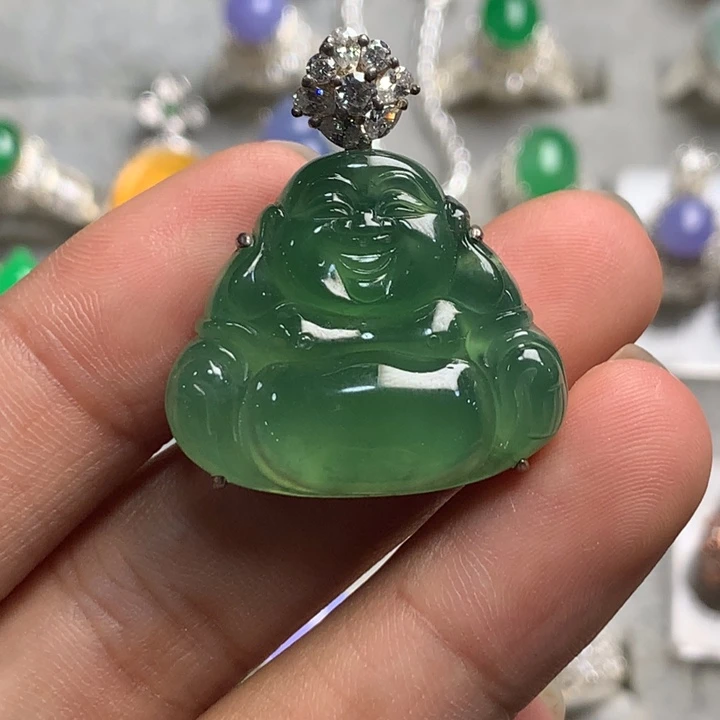 银S925镶嵌翡翠耳饰天然翡翠银镶佛公吊坠