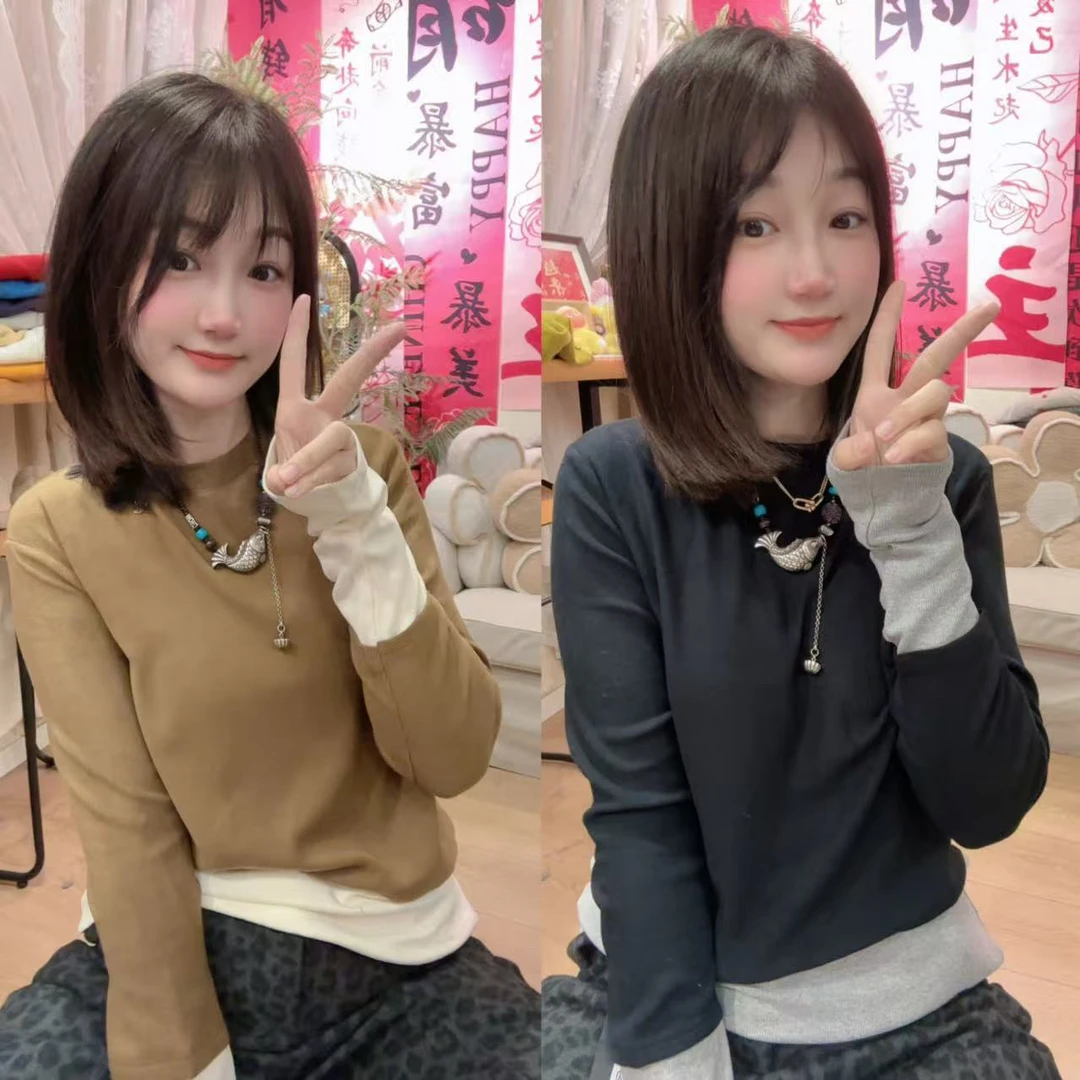 【香芋派】冬季新款 时尚洋气百搭拼接拼色弹力休闲长袖T恤