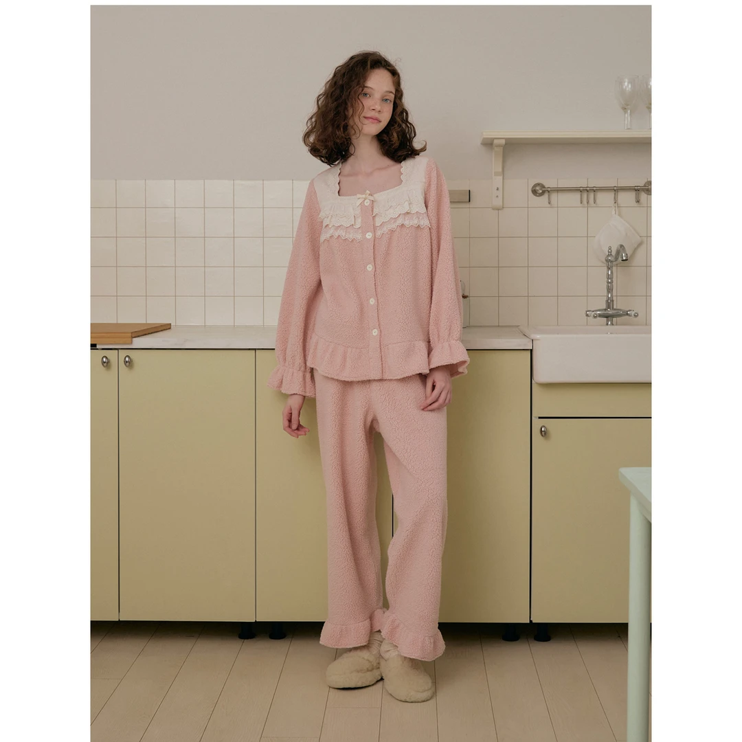 Ullala乌拉拉甜美方领睡衣女粉色家居服珊瑚绒套装冬季厚款25292