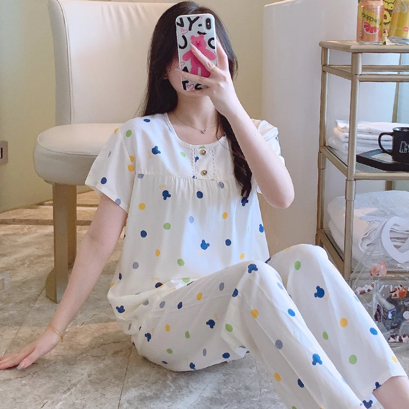 短袖睡衣女人造棉绸夏天大码薄款套装2025年新款女绵绸春秋家居服