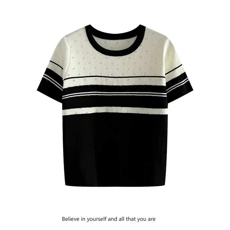 条纹正肩短袖针织衫2025新款气质高级感休闲慵懒风短款撞色上衣