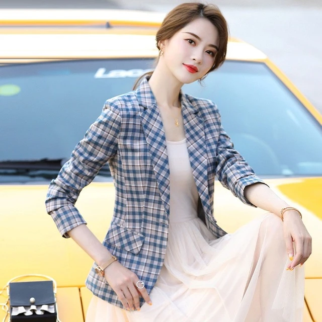格子西装外套女2026春秋新款收腰气质短款小个子修身休闲 西服上