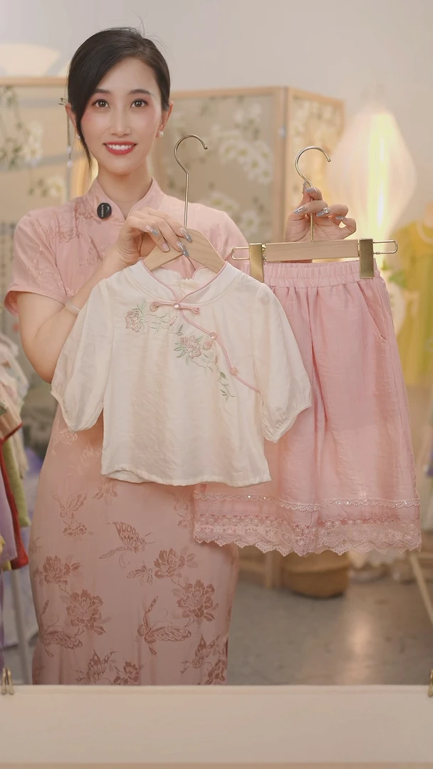 部分现货【白桃】SC436女童夏季新中式莲花刺绣2025新款国风套装