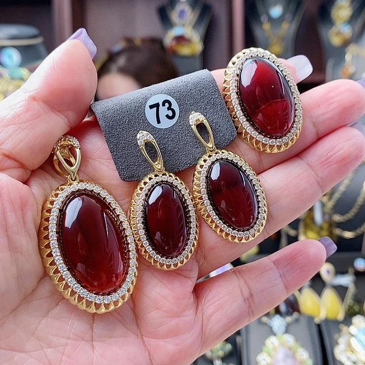 琥珀颈饰银S925镶嵌套装