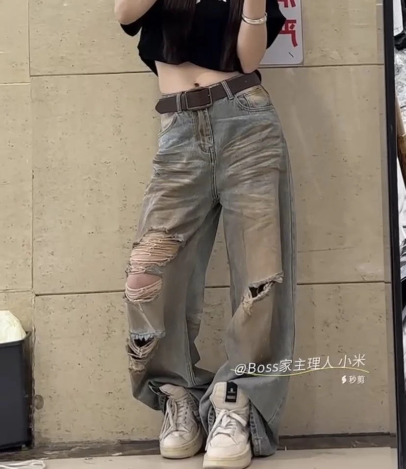 春装新款猫须做旧破洞牛仔裤