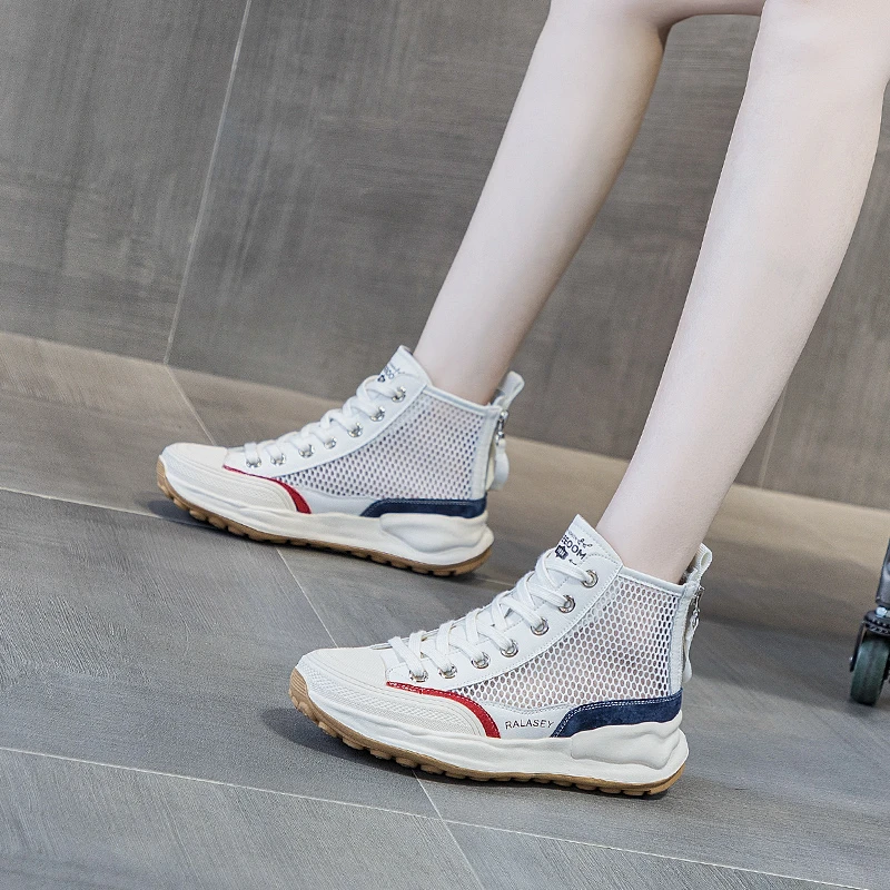 厚底高帮鞋女2025新款夏季女鞋真皮网面板鞋欧洲站运动休闲小白鞋