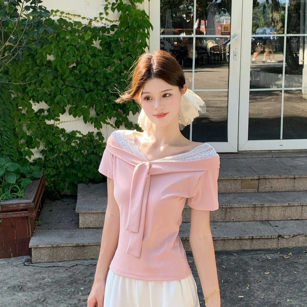 纯棉漂亮纯欲V领蕾丝拼接假两件修身正肩短袖T恤MM女夏季新款上衣