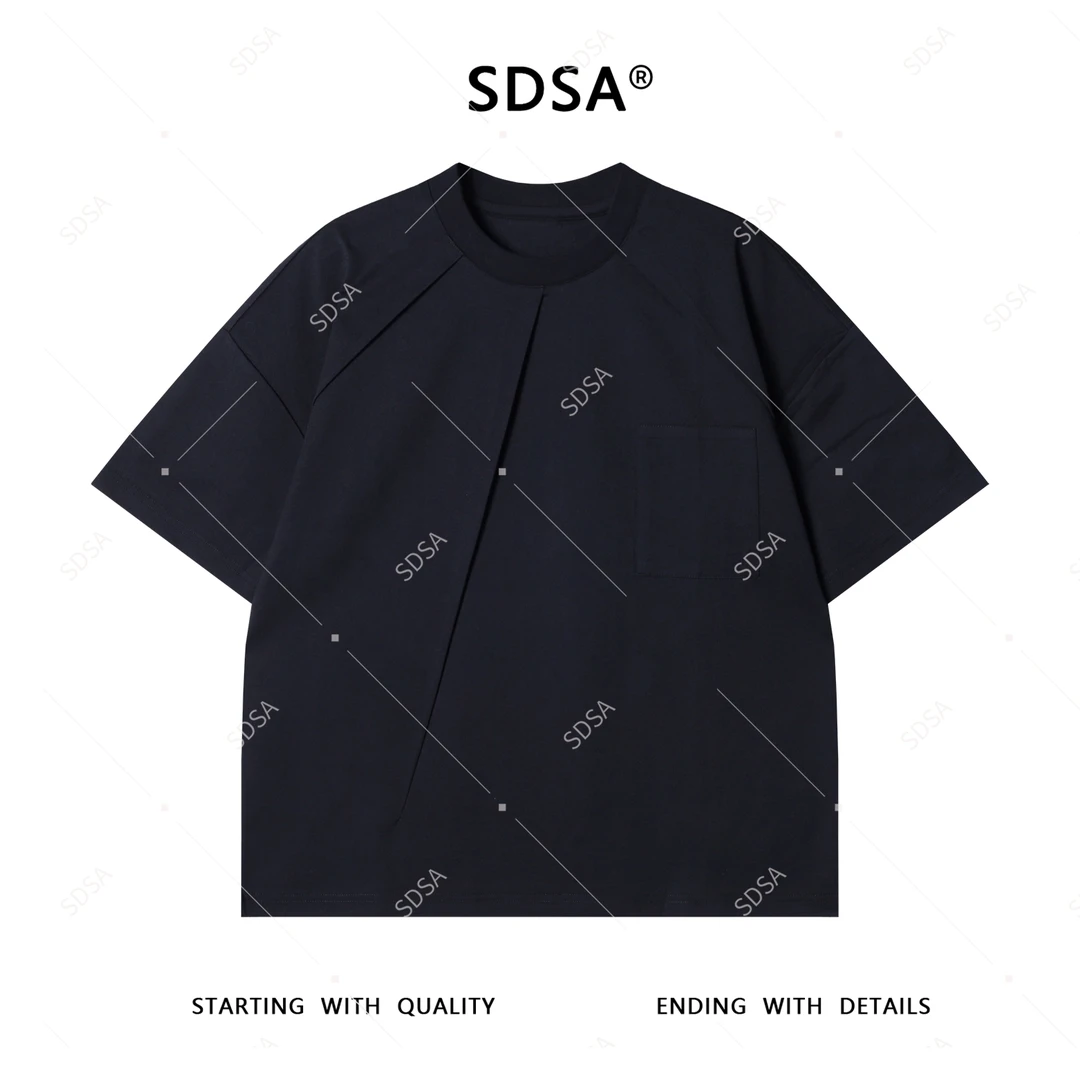 夏季高级感新款男士韩系纯色褶皱口袋设计短袖T恤圆领宽松上衣